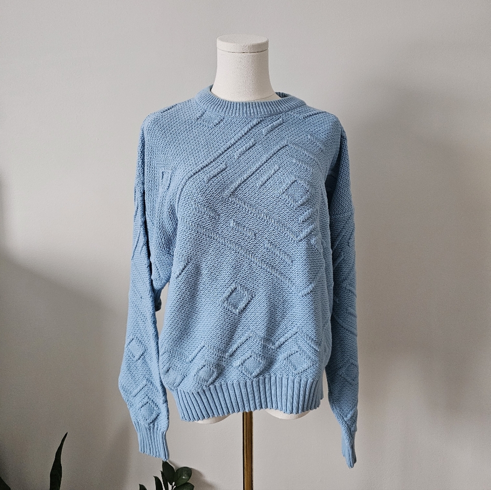 Vintage bulky knit Size M Cozy Blue Geometric Sweater oversized